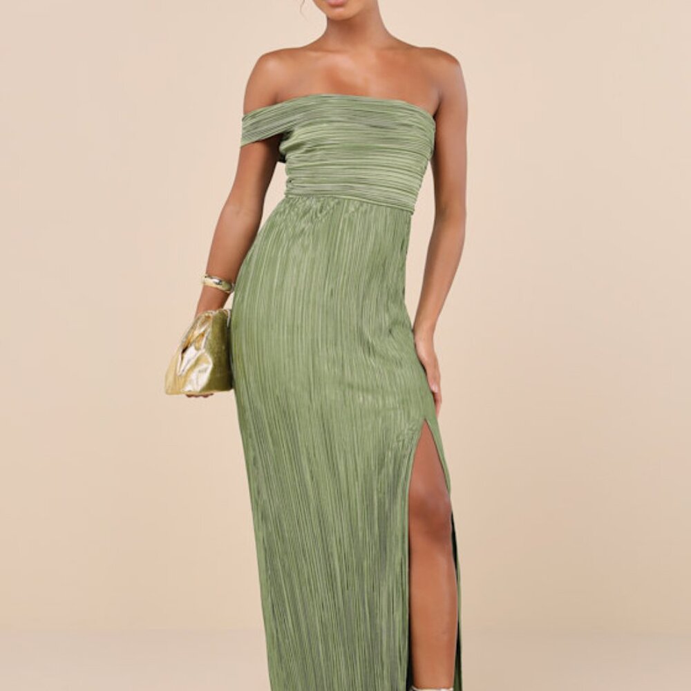 Lulus Poised Performance Olive Green Plisse One-shoulder Maxi Dress - Size L